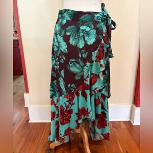 Anthropologie Maeve Floral Asymmetric Skirt in Green and Chocolate